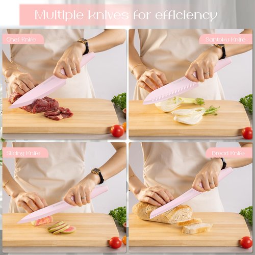 Astercook Kitchen Knife Set with Block and Sharpener 22 Piece German High Carbon Stainless Steel Knives Sharp Blade Dishwasher Safe Knife Set with Anti-slip Ergonomic Handle, Crystal Pink