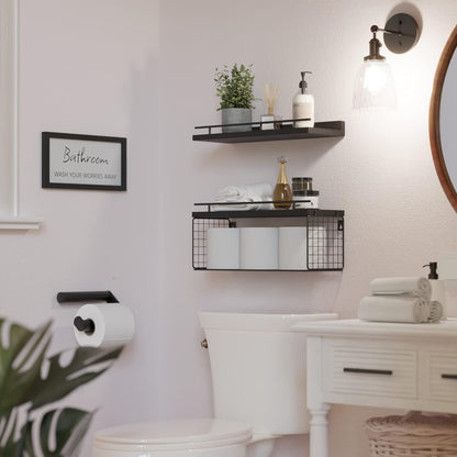 WOPITUES Floating Wall Shelves - Stylish Bathroom Organizers with Metal Guardrail | Black Finish