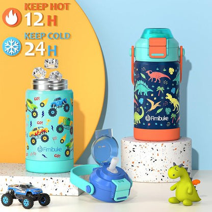 Fimibuke Kids Insulated Water Bottle - 14oz Leak-Proof 18/8 Stainless Steel with 2-in-1 Lid | BPA-Free for Travel & School