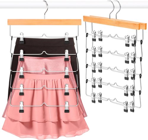 DOIOWN Skirt Hangers - Space-Saving Beechwood Design | 3-Pack Non-Slip Clips for Women’s Skirts