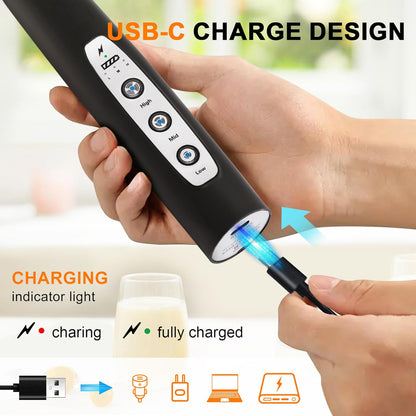 YUSWKO Handheld Milk Frother - Rechargeable Electric Whisk with 3 Heads & 3 Speeds for Lattes, Cappuccinos & More