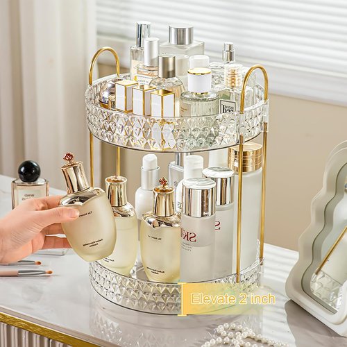 **Rotating Makeup Organizer - 2 Tier Perfume & Skincare Storage for Women | 360 Spinning Clear Design**