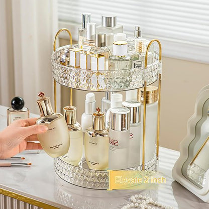 **Rotating Makeup Organizer - 2 Tier Perfume & Skincare Storage for Women | 360 Spinning Clear Design**