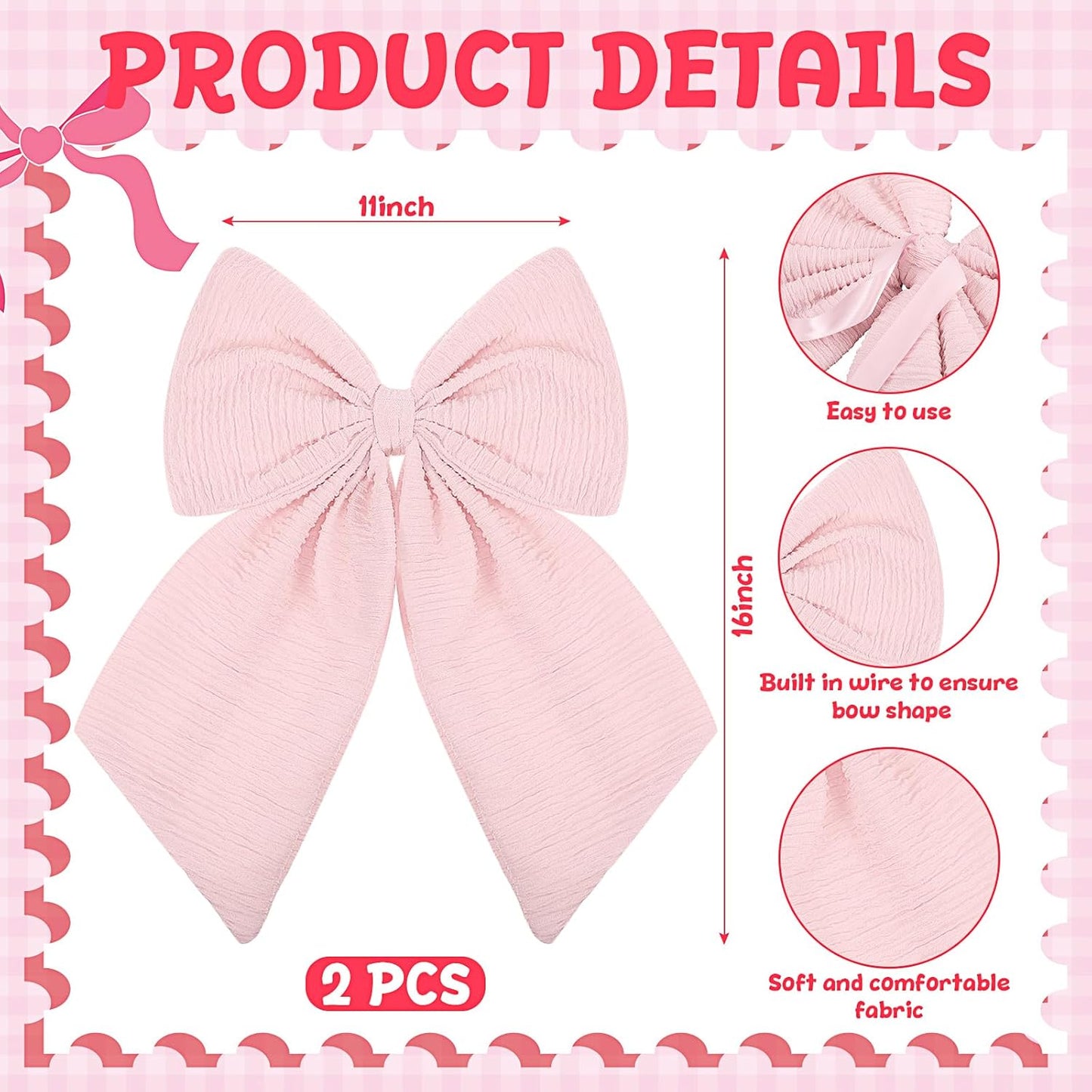 Riceshoot Large Crib Bows - 11 x 16 Inch Coquette Bow Decorations for Nursery | Pink