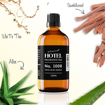 AirScent Hotel Diffuser Oil No. 1008 - Premium White Tea, Aloe Vera & Sandalwood Fragrance - 10 mL Glass Bottle