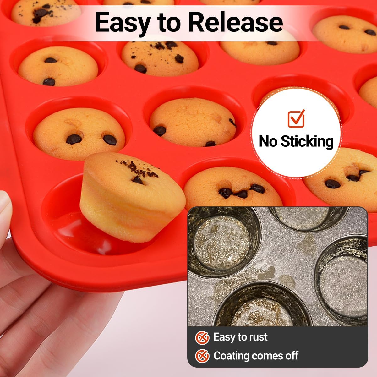 CAKETIME Silicone Mini Muffin Pan - 24-Cup BPA-Free Muffin Tin with Metal Reinforcement & Handles | Red, 2-Pack