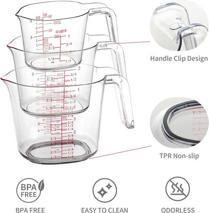 Clear Plastic Measuring Cups Set by [Brand Name] - 3-Piece Nesting Design with Spout | 1, 2, 4 Cup for Baking & Cooking