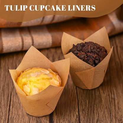 Neyimqr Natural Tulip Cupcake Liners - 120 Count Food Grade Parchment Paper Muffin Holders | Greaseproof for Parties & Holidays
