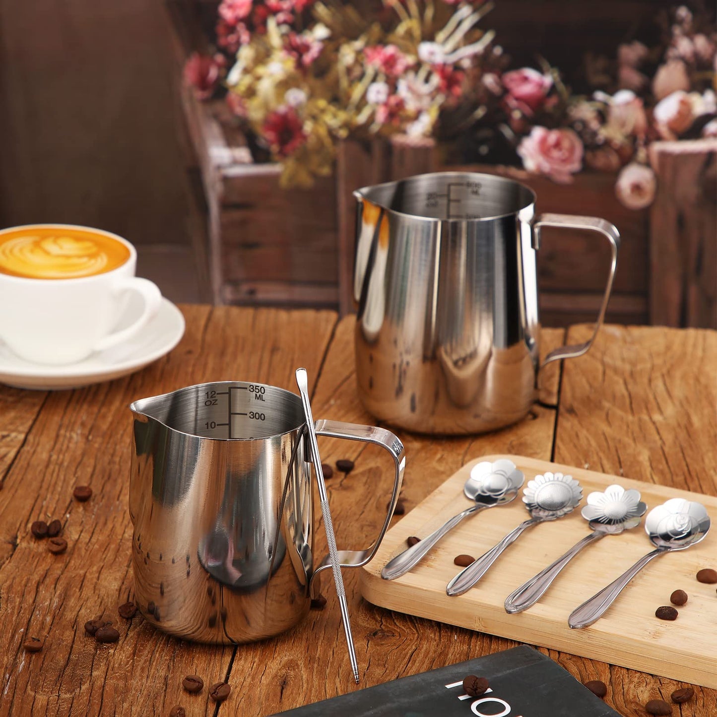 2 Pcs Milk Frothing Pitcher 12 Oz/ 350 ml 20 Oz/ 600ml Stainless Steel Milk Frother Cup with 4 Floral Dessert Coffee Spoons 2 Decorating Art Pens Silver Espresso Accessories Set for Kitchen Cafe Bar