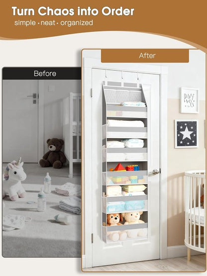 Criusia Over The Door Organizer - Heavy-Duty 6-Shelf Storage with 13 Mesh Pockets | 55lbs Capacity, Grey
