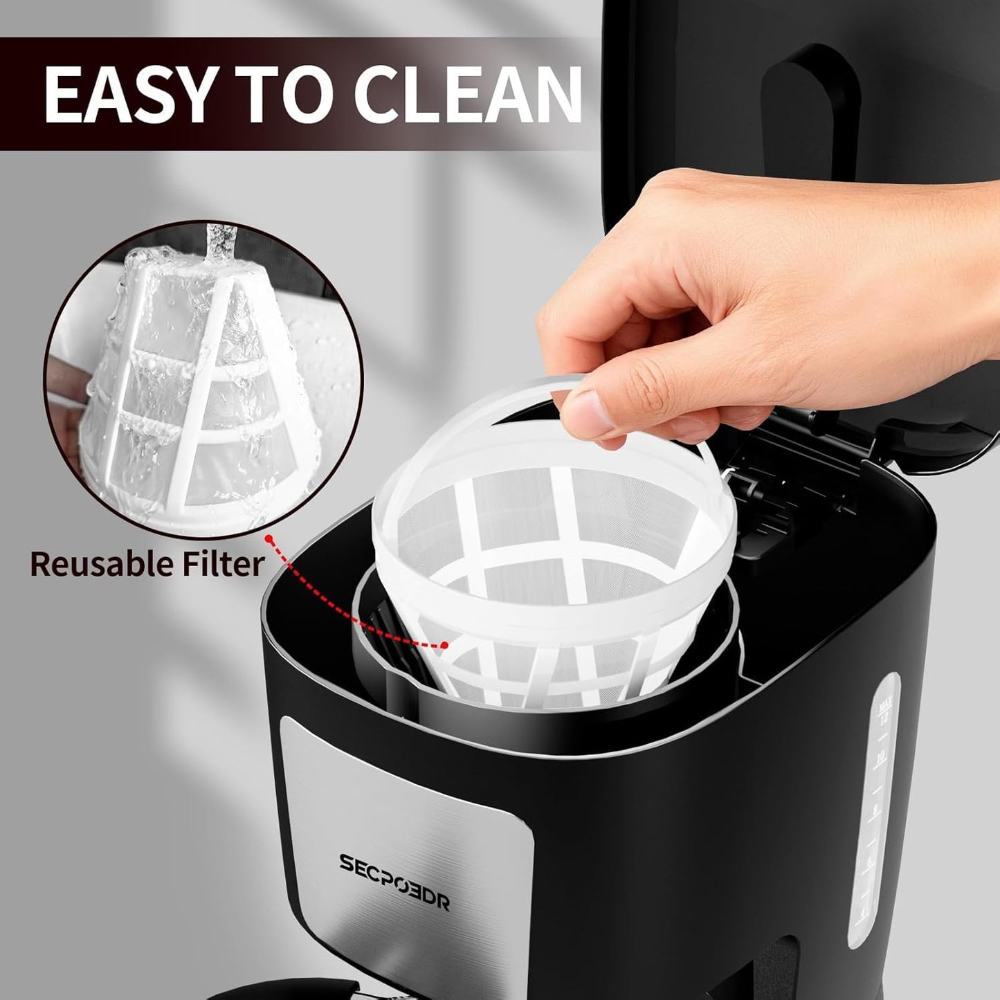 Skiennix 12-Cup Drip Coffee Maker - Programmable, Reusable Filter, Compact Design | Silver & Black