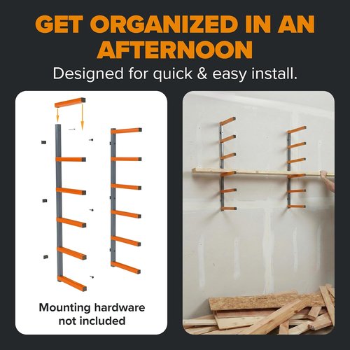 Bora | Wood Organizer & Lumber Storage Rack - 6-Level Wall Storage for Indoor/Outdoor Use, Orange PBR-001