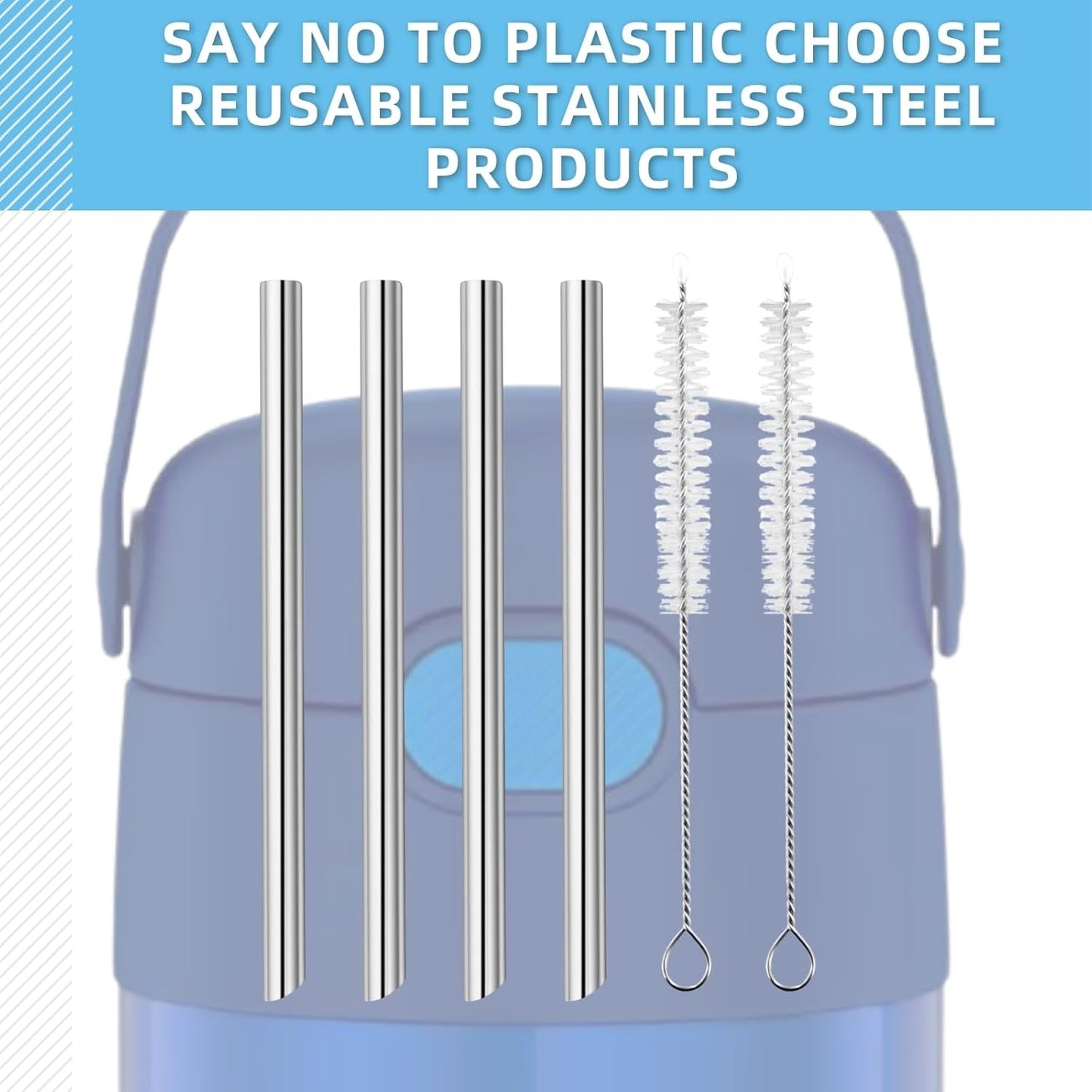 THERMOS Replacement Metal Straws - Reusable Stainless Steel Straws for 12 Ounce FunTainer | 4 Straws + 2 Cleaning Brushes
