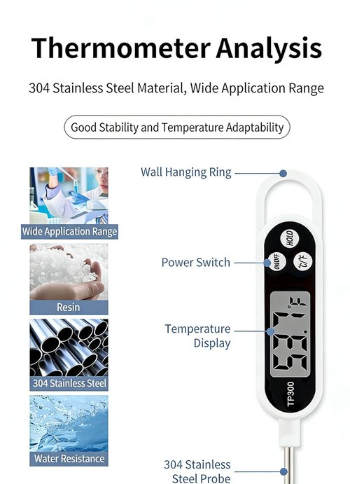 Digital Display Food Thermometer - 304 Stainless Steel Probe, Waterproof, Fast & Accurate Measurements