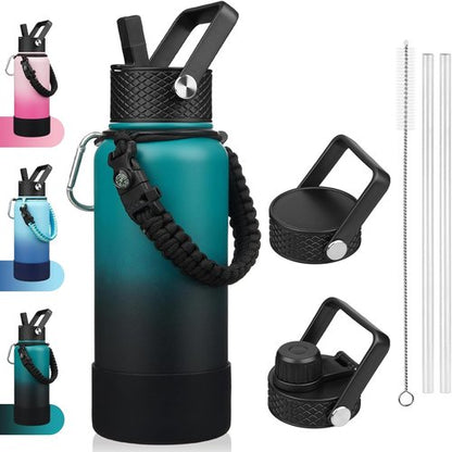 BJPKPK 32oz Insulated Water Bottle - Durable Stainless Steel with 3 Lids & Paracord Handle | Army Green & Black