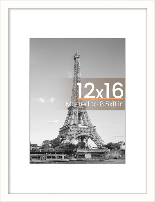 Upsimples 12x16 Picture Frame - Versatile Display for 8.5x11 Photos with Mat or 12x16 Without Mat | White, 1 Pack