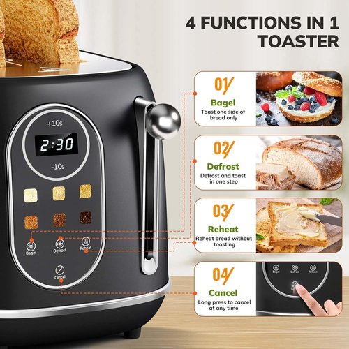Keenstone Smart Touch Screen Toaster - 2 Slice Retro Stainless Steel with 6 Browning Levels | Black