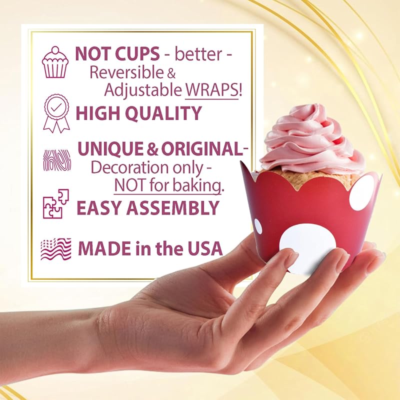 Cupcake Wrappers 24 Count Reversible Pink & Red Dots - Adjustable, Wedding & Baby Shower