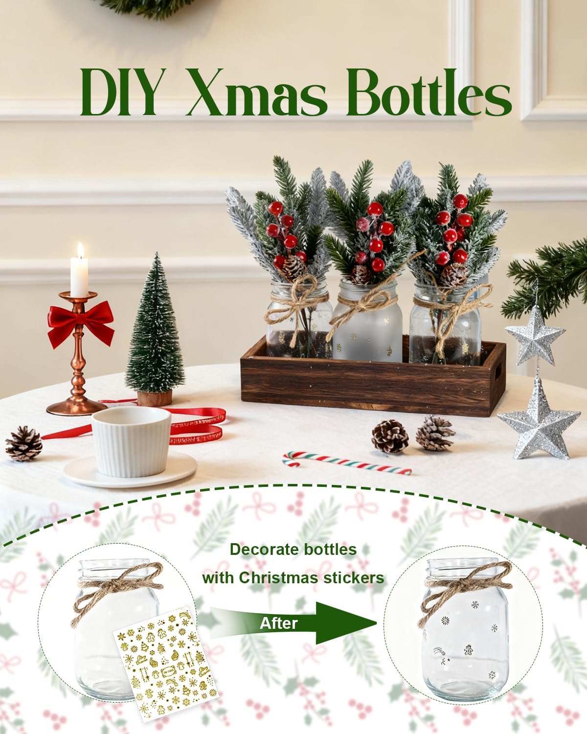 Skiennix Christmas Mason Jars Set - Decorative Tiered Tray with Wood Tray & Artificial Flowers for Holiday Home Decor