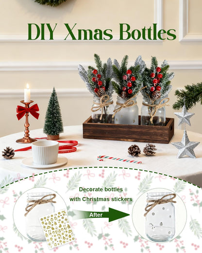 Skiennix Christmas Mason Jars Set - Decorative Tiered Tray with Wood Tray & Artificial Flowers for Holiday Home Decor