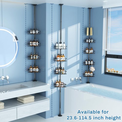 Cutefafa Rustproof Corner Shower Caddy - Adjustable Tension Pole with 4 Large Baskets & Towel Bar | 23.6 to 114.5 Inch