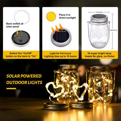 HXWEIYE Solar Mason Jar Lights - 30 LED Waterproof Fairy Lanterns with Jars & Hangers | Warm White for Outdoor Decor