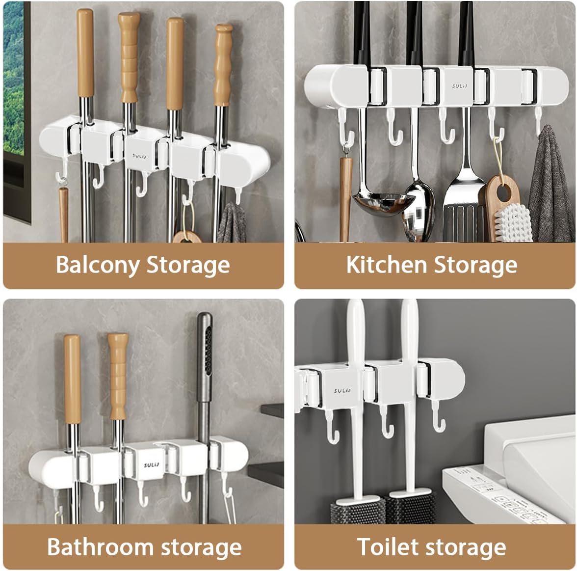Broom Holder Wall Mount by 2Pcs - No-Drilling Self-Adhesive Storage Rack with Hooks | White, 4 Racks & 5 Hooks