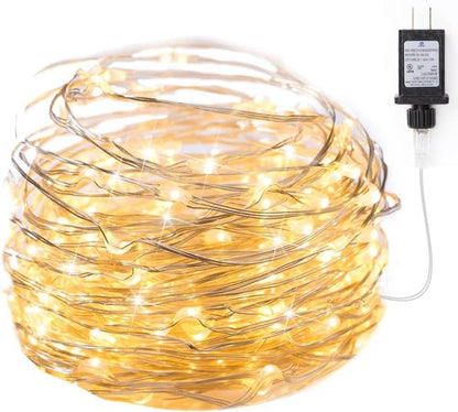 Minetom Fairy Lights Plug in, 33Ft 100 LEDs Waterproof Silver Wire Firefly Lights, Adaptor Included, Starry String Lights for Wedding Indoor Outdoor Christmas Patio Garden Decoration, Warm White