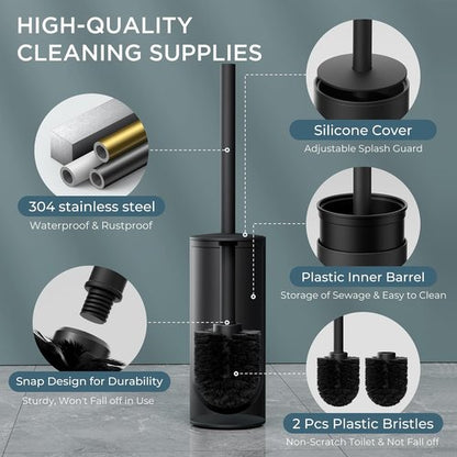 Forious Toilet Brush Set - Heavy Duty 304 Stainless Steel Base & Long Handle | 2 Brush Heads, Black