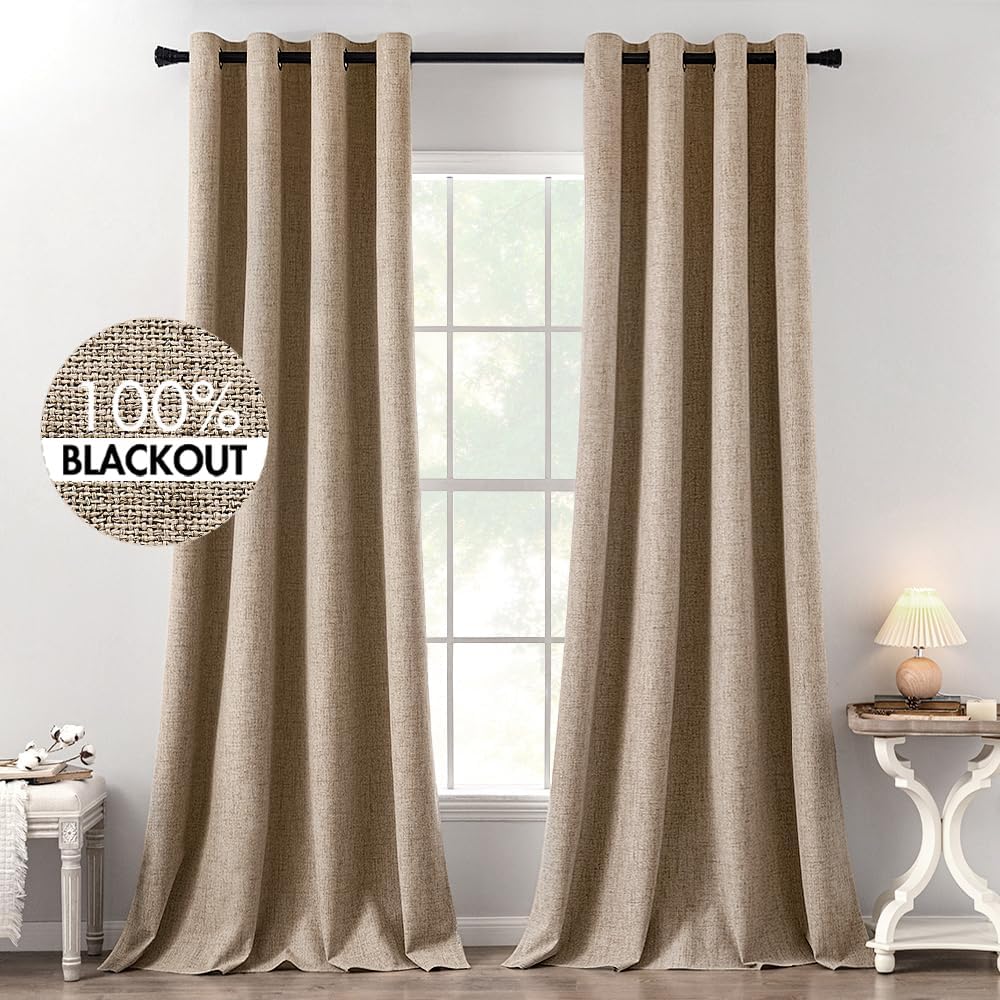 MIULEE 100% Blackout Linen Textured Curtains - Thermal Insulated Copper Brown | 52 x 120 Inch (2 Panels)