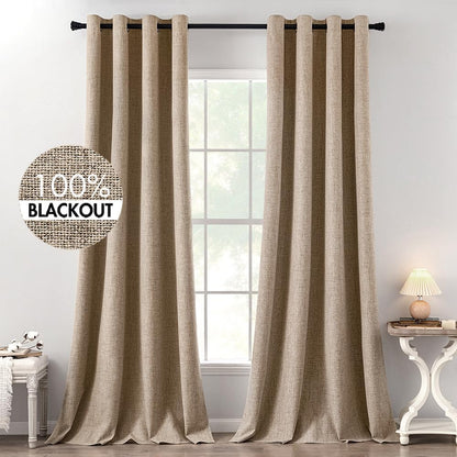 MIULEE 100% Blackout Linen Textured Curtains - Thermal Insulated Copper Brown | 52 x 120 Inch (2 Panels)