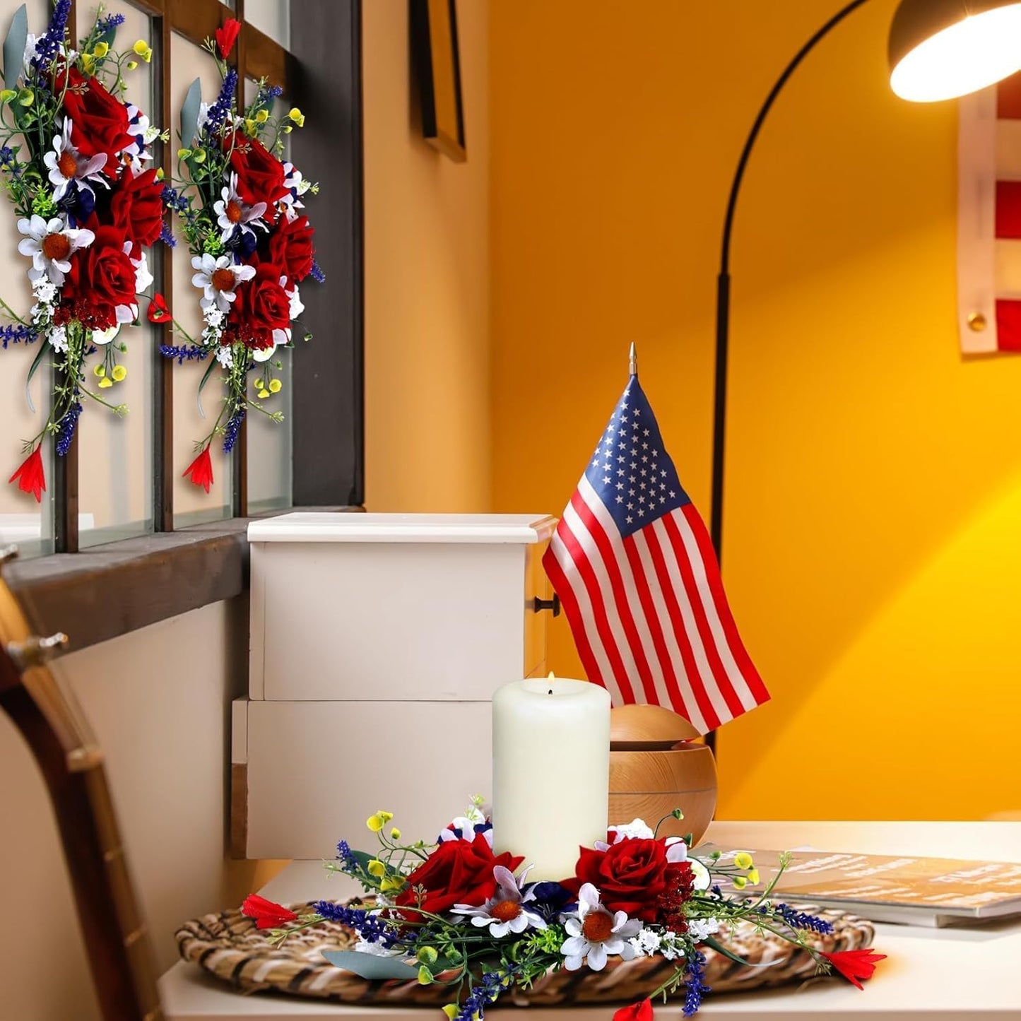 Veterans Day Candle Rings - 4 Pcs Red, White & Blue Mini Floral Wreaths for Patriotic Decor