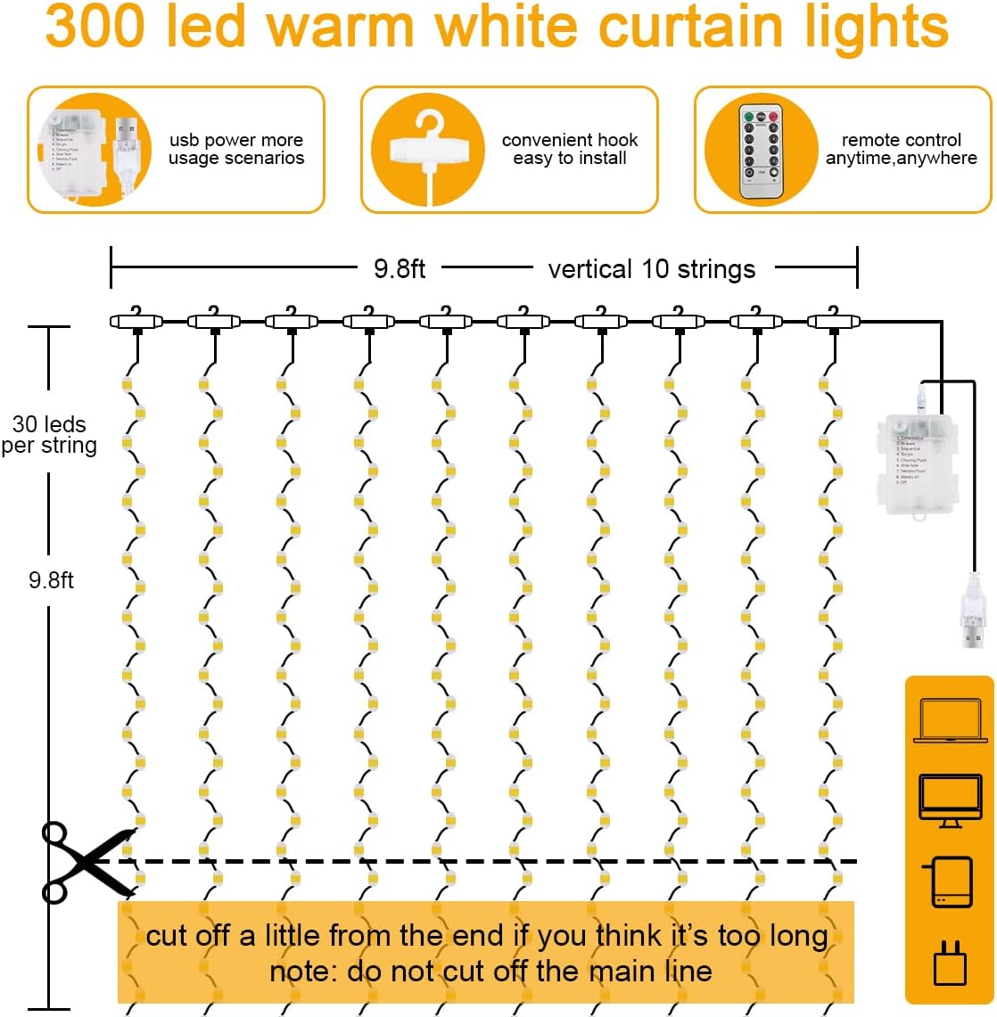 Vicloon Fairy Curtain Lights - 300 LED Waterproof String Lights | 9.8x9.8 Ft with Remote Control