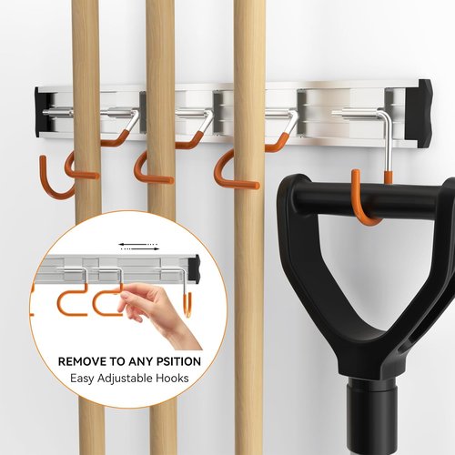 HUPBIPY Garden Tool Organizer - 34.5'' Aluminum Alloy Wall Mount with Hooks for Shovels, Rakes & Brooms