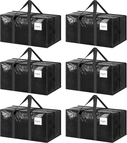 Skiennix Extra Heavy Duty Large Moving Bags - Strong Zipper & Comfortable Handles | 6 Pack, Black