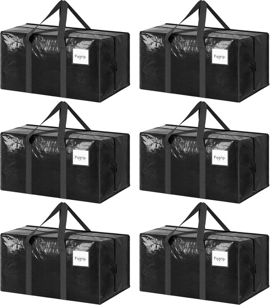 Skiennix Extra Heavy Duty Large Moving Bags - Strong Zipper & Comfortable Handles | 6 Pack, Black