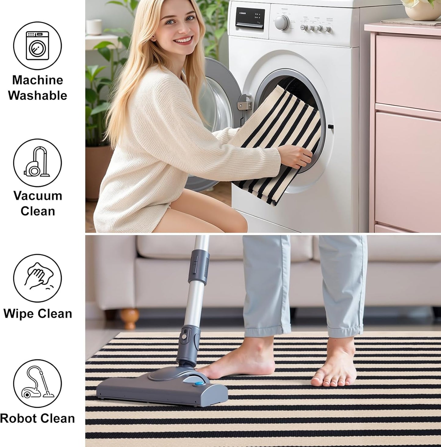 OLANLY Striped Rug - Washable Beige and Black Cotton Doormat | 4' x 6' for Indoor & Outdoor Use