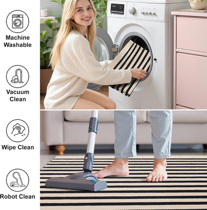 OLANLY Striped Rug - Washable Beige and Black Cotton Doormat | 4' x 6' for Indoor & Outdoor Use