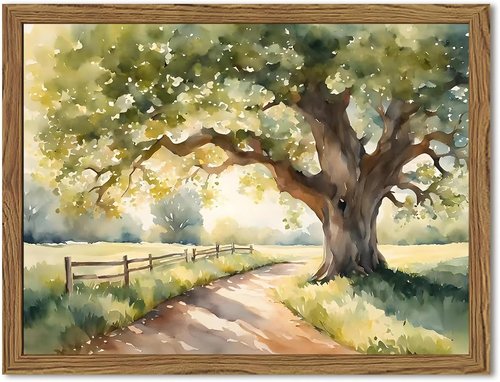 Framed Vintage Tree Landscape Wall Art - Watercolor Country Road Canvas Print | Rustic Home Decor 8x10