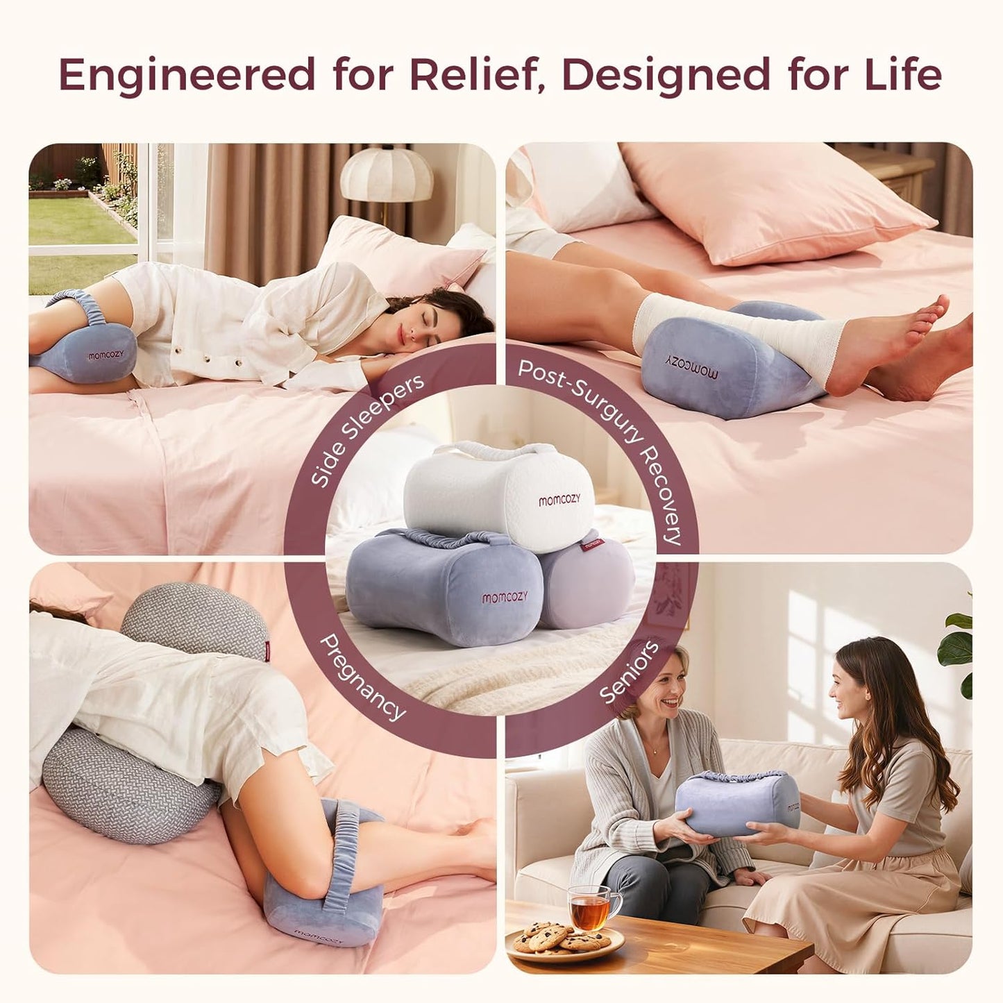 Momcozy Knee Pillow - Soft Memory Foam for Side Sleepers | Adjustable Elastic Strap, Gray Crystal Velvet