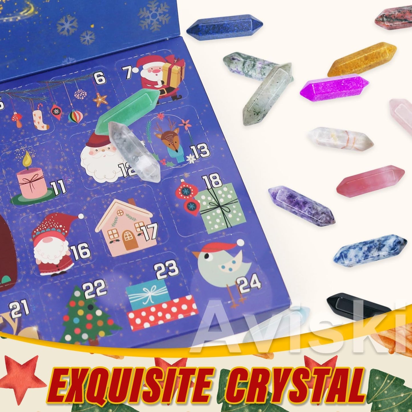 Christmas Crystal Advent Calendar 2025 | Healing Stones Kit with Necklace Holder & Magnifier - 24 Boxes for Kids & Adults