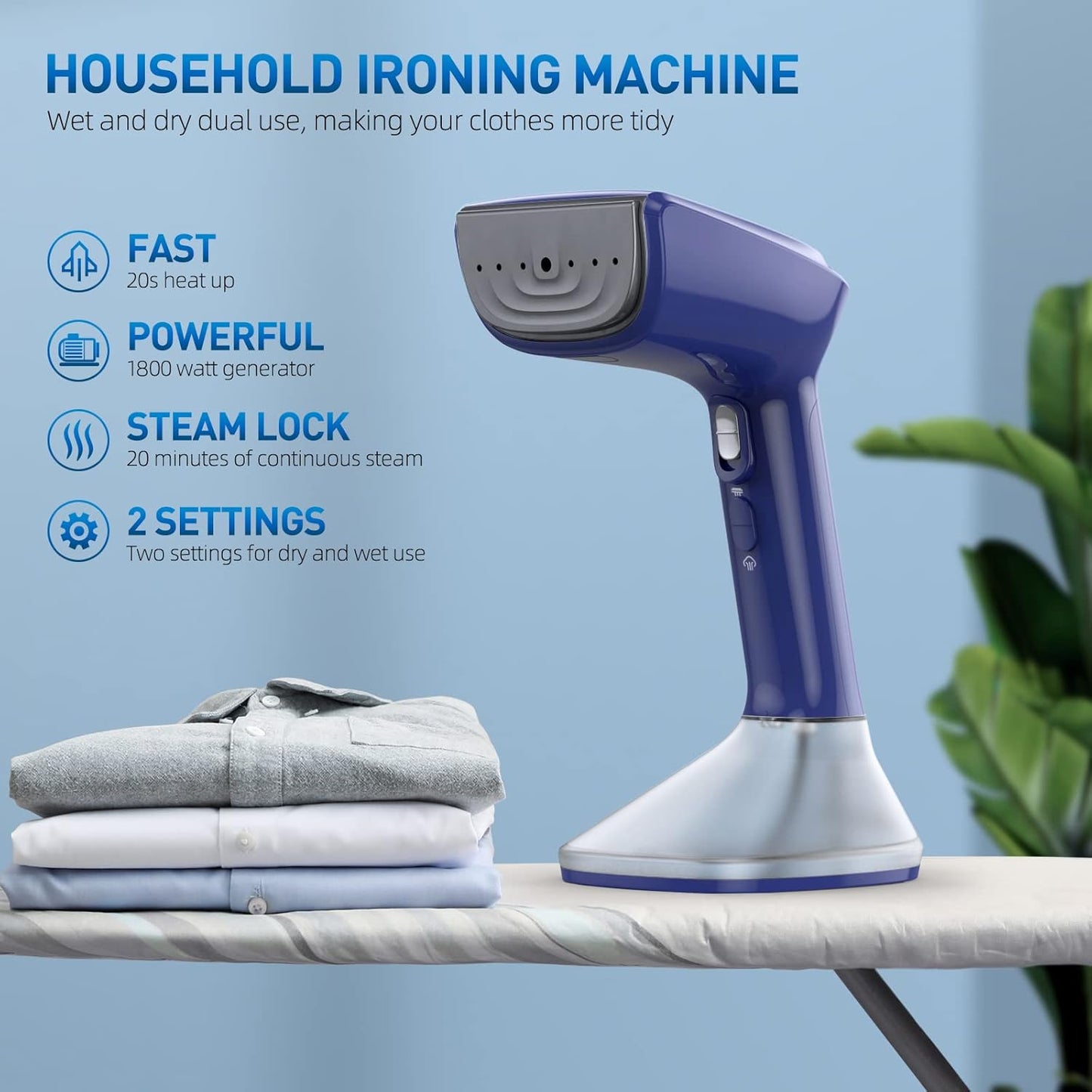 Skiennix Steamer for Clothes - 1800W Powerful Steam, Fast 20-Second Heat-Up, Detachable Tank - Blue