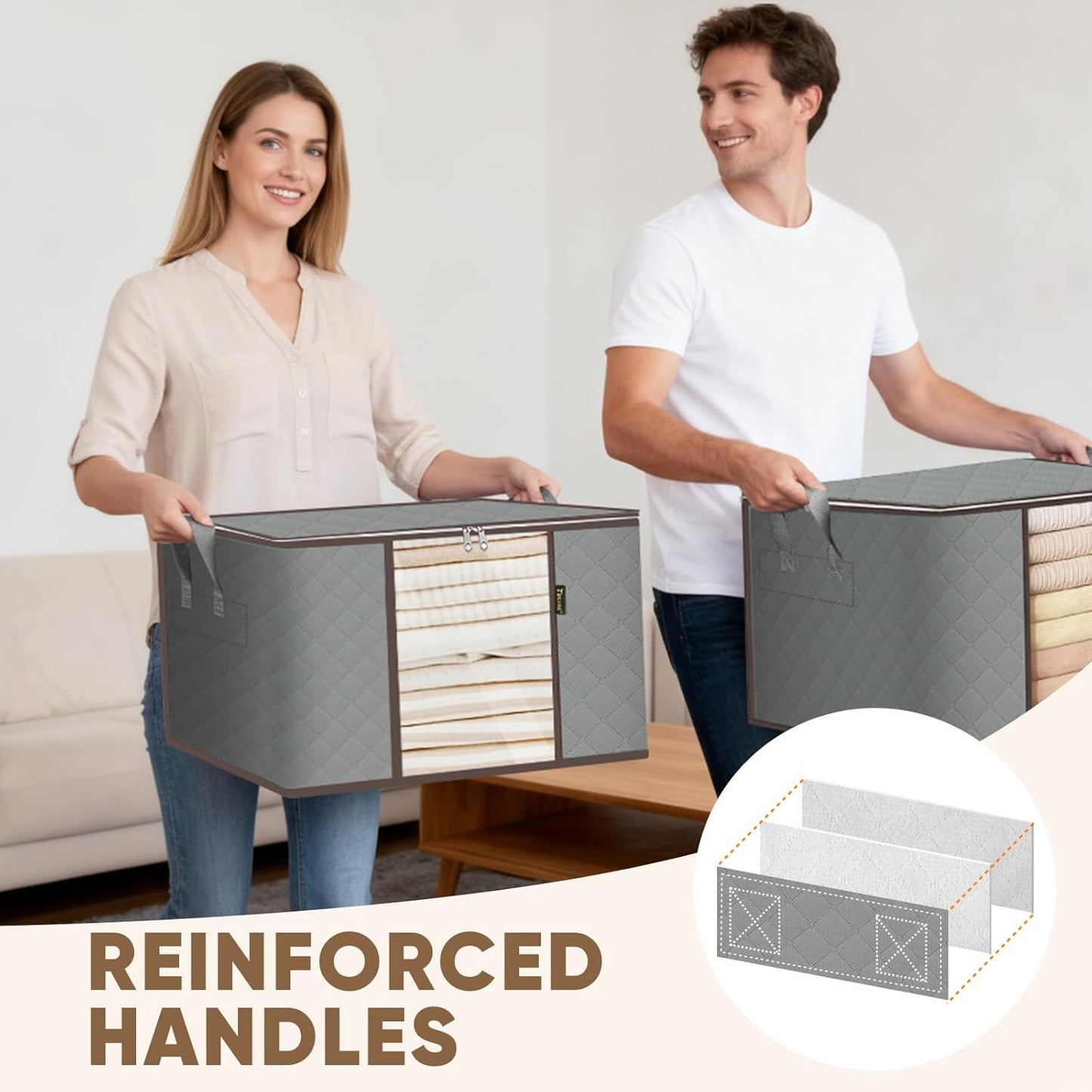 BALEINE 6 Pack Clothes Storage Bags - 16 Gallon Containers with Reinforced Handles | Grey Closet Organizer for Bedding
