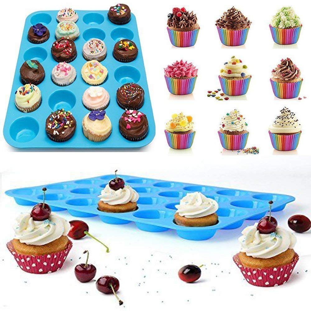 Silicone Mini Muffin Pan, Qtopun 4 Pack 24 Cups Silicone Mold Cups Baking Pan, Silicone Muffin Tins Baking Moulds-Multi Color