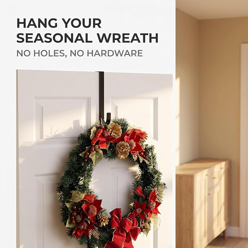 Wreath Hanger for Doors - Carbon Steel Black Over-the-Door Hook for Fall, Christmas & Halloween Decor