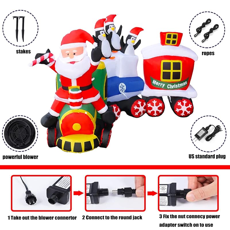 8 Ft LED Lighted Christmas Train Inflatable with Santa & Penguin Decorations