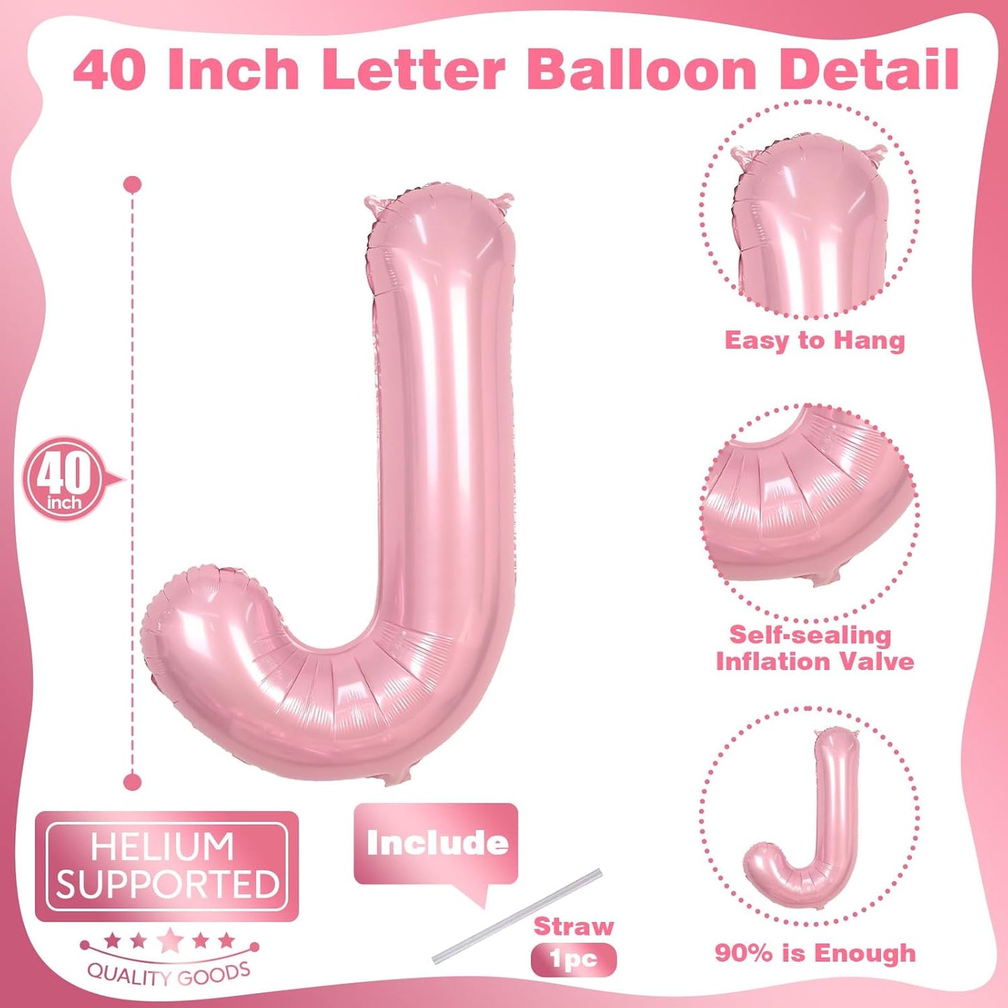 Pastel Pink Balloon - Large Mylar Alphabet J | 40-Inch Inflatable Custom Foil Balloon for Girls' Birthday Party Decor
