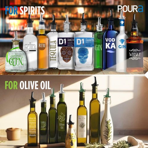 3-in-1 Liquor Pour spout with Built-in Fruit Fly Protection - BPA Free & Dishwasher Safe Hygienic Alcohol Speed Spouts - Also for Olive Oil, Juice, Syrup. Silver 2 Pack