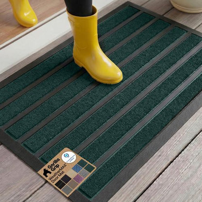 GORILLA GRIP 100% Waterproof All-Season WeatherMAX Doormat US Designed Natural Rubber, Stain and Fade Resistant, Low Profile Indoor Outdoor Door Mats, Easy Clean Patio Mat, 29x17, Green Stripe