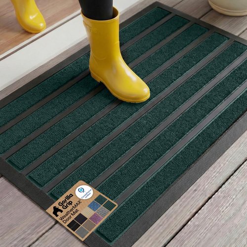 GORILLA GRIP 100% Waterproof All-Season WeatherMAX Doormat US Designed Natural Rubber, Stain and Fade Resistant, Low Profile Indoor Outdoor Door Mats, Easy Clean Patio Mat, 29x17, Green Stripe